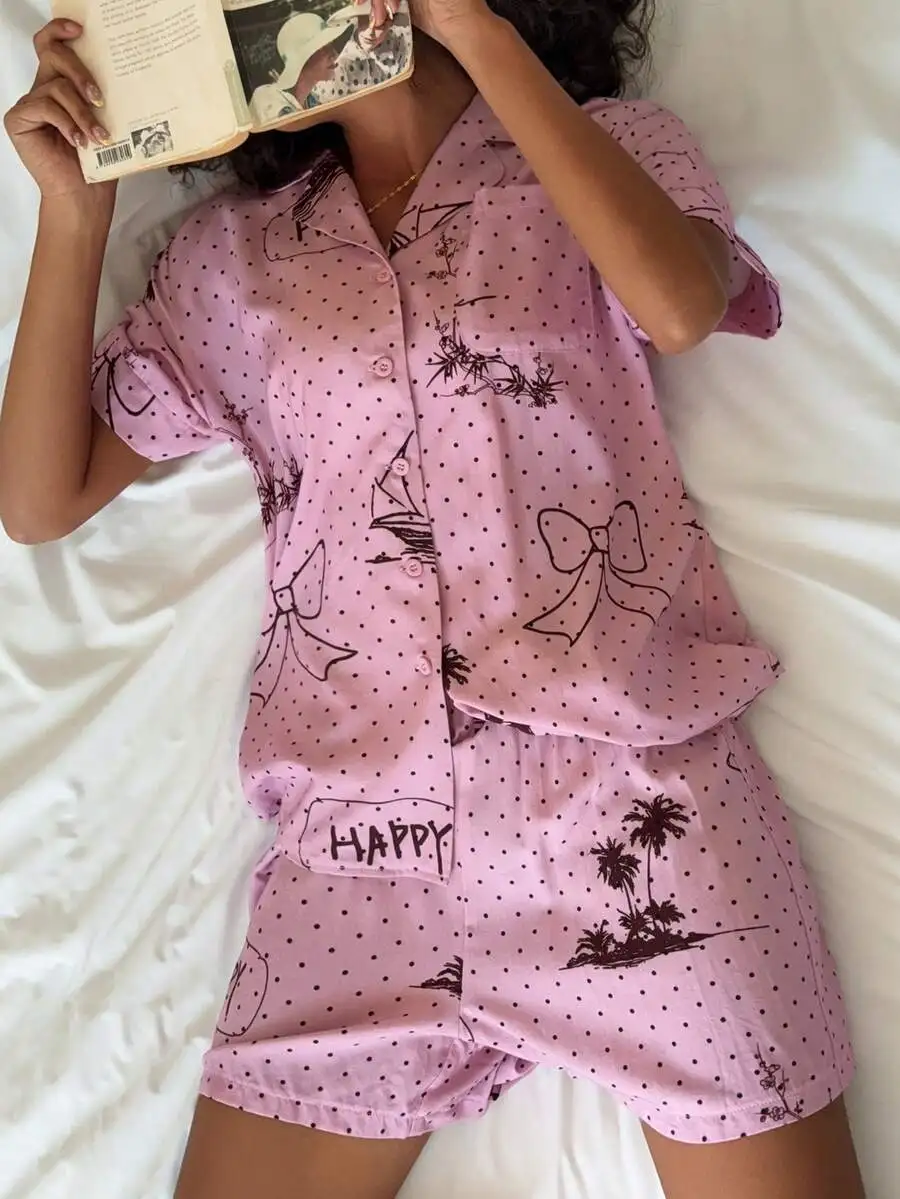 

Women Lightweight Polka Dot Graffiti Print Loose Pajama Set Summer
