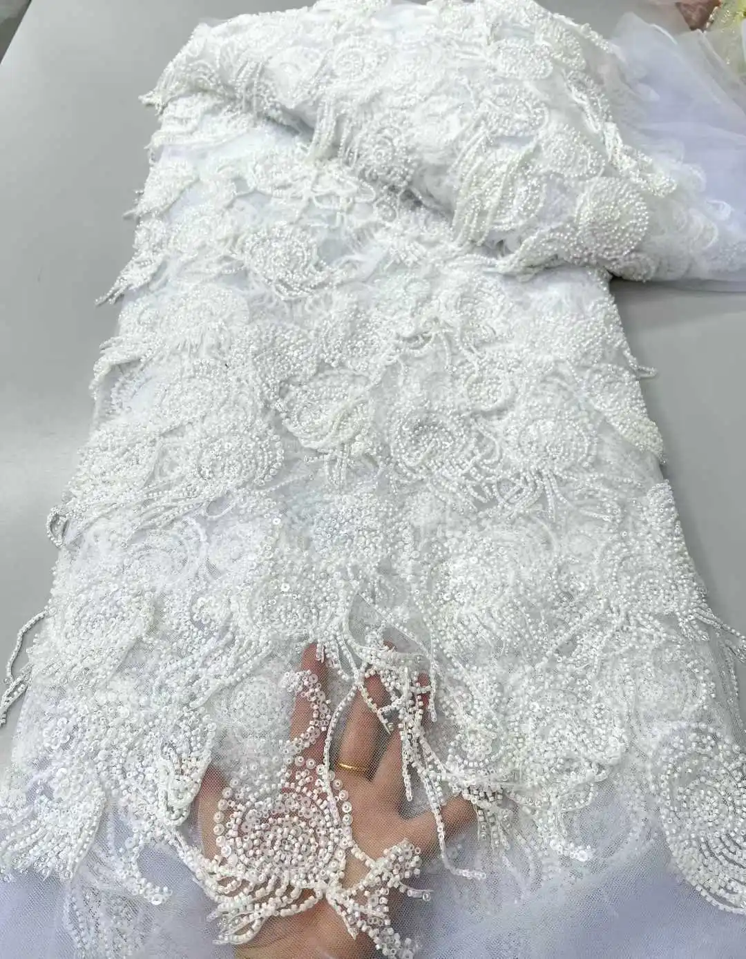 2026 Latest French 3D Tassel Beaded Tulle Lace Fabric High Quality African Lace Fabrics With Sequins For Evening Party Dresses