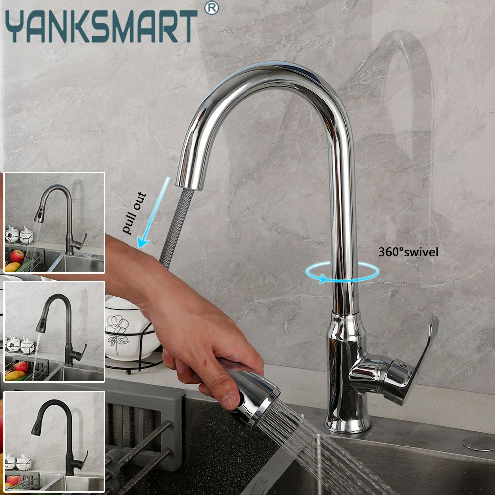 

YANKSMART Pull Out Kitchen Faucet 360 Rotation Single Handle Hot & Cold Tap Telescopic 2 Function Crane Sprayer Sink Faucets