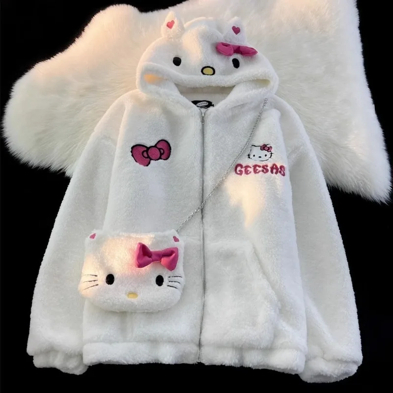 Original Sanrio Cute Hello Kitty Lamb Wool Coat Girl Student Winter Loose Plush Thickened Warm Cotton Coats Winter Clothes Women