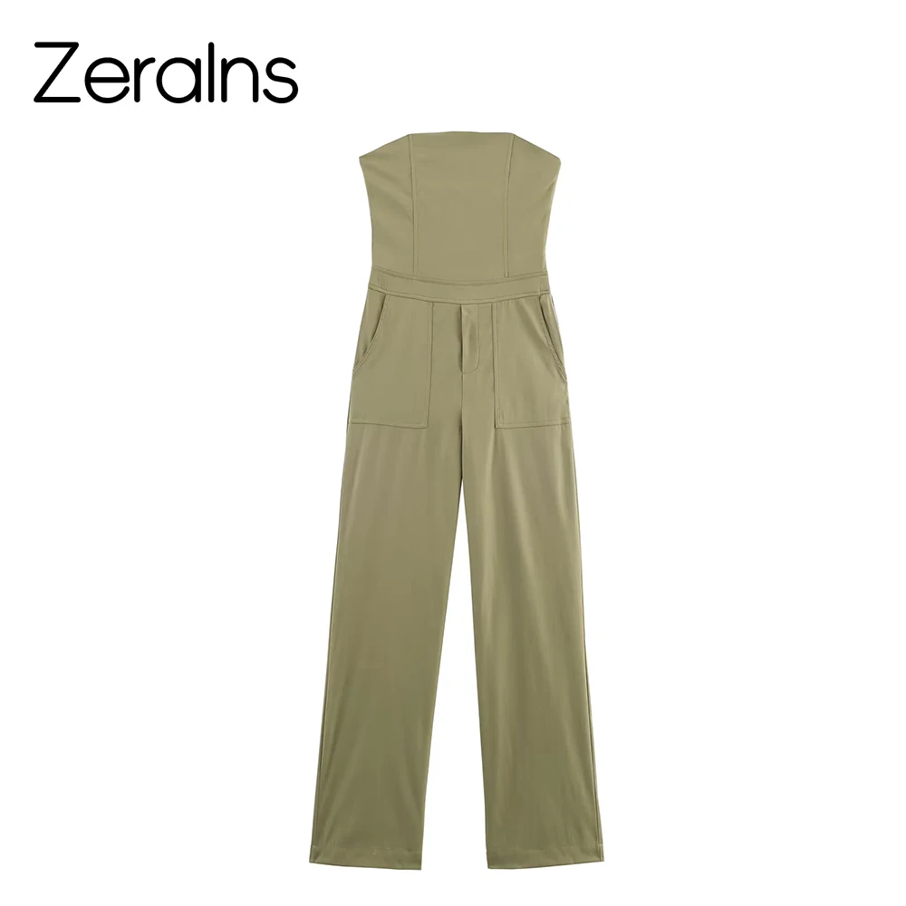 ZERAINS 2025 جينز نسائي جديد فضفاض وتنحيف قطعة واحدة بدون حمالات مع بنطال طويل أنيق وواسع الساق