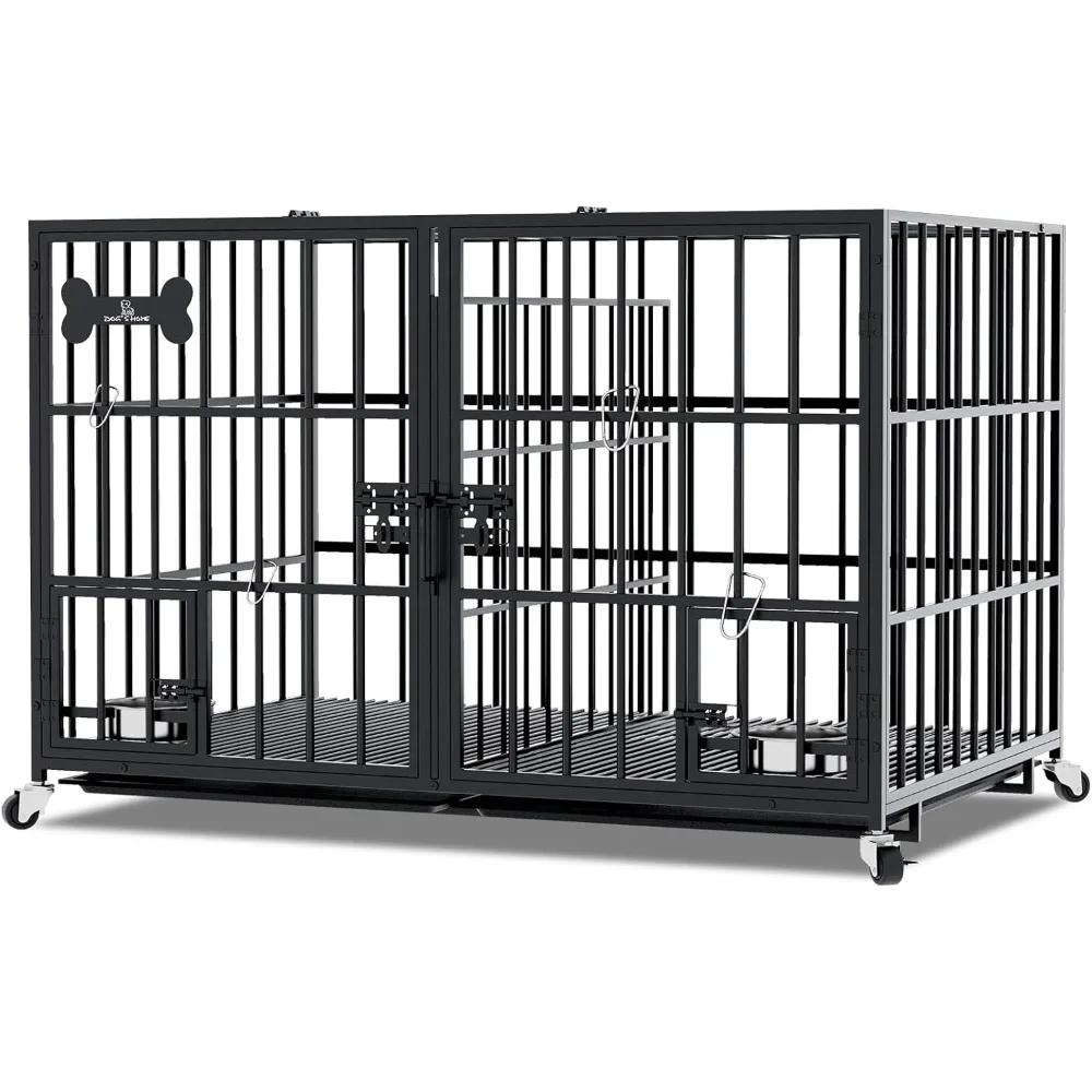 

42/48 inch Heavy Duty Metal Dog Crate for 2 Dogs/Large Dog,All Metal Open Top Stackable,Dog Kennel Indoor with Wheels,Floor Gri