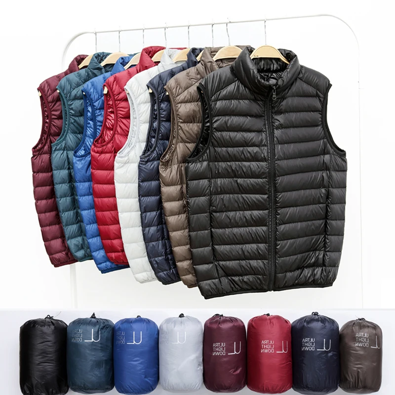 Chaleco de plumón de pato para hombre, chaqueta ultraligera sin mangas con cuello levantado, a prueba de viento, Invierno