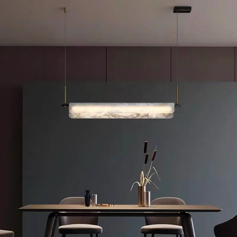 

Modern Light Luxury Creative Full Copper Chandeliers With Marble, Led White Minimalist Long Strip Light, Villa Bedroom Lighting