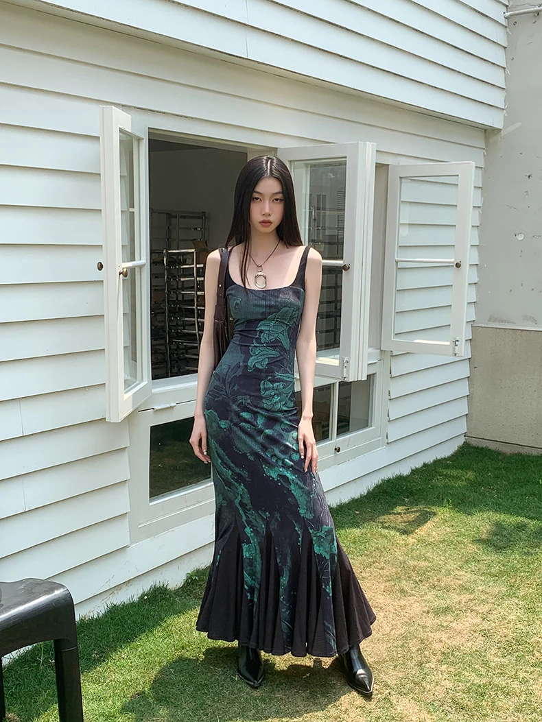 Cheerart Mermaid Tank Dress Summer Long Green Party Night Backless Maxi Floral Dress Party Evening Elegant Luxury Celebrity 2023