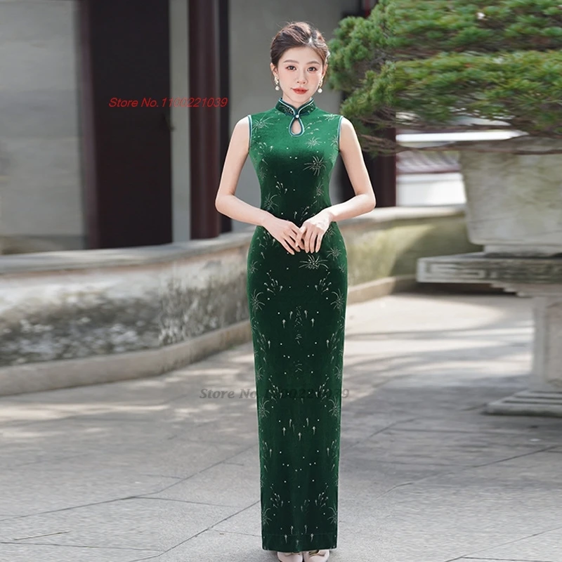 

2025 chinese vintage dress improved velvet cheongsam national flower sequin evening banquet dress retro formal sleeveless qipao