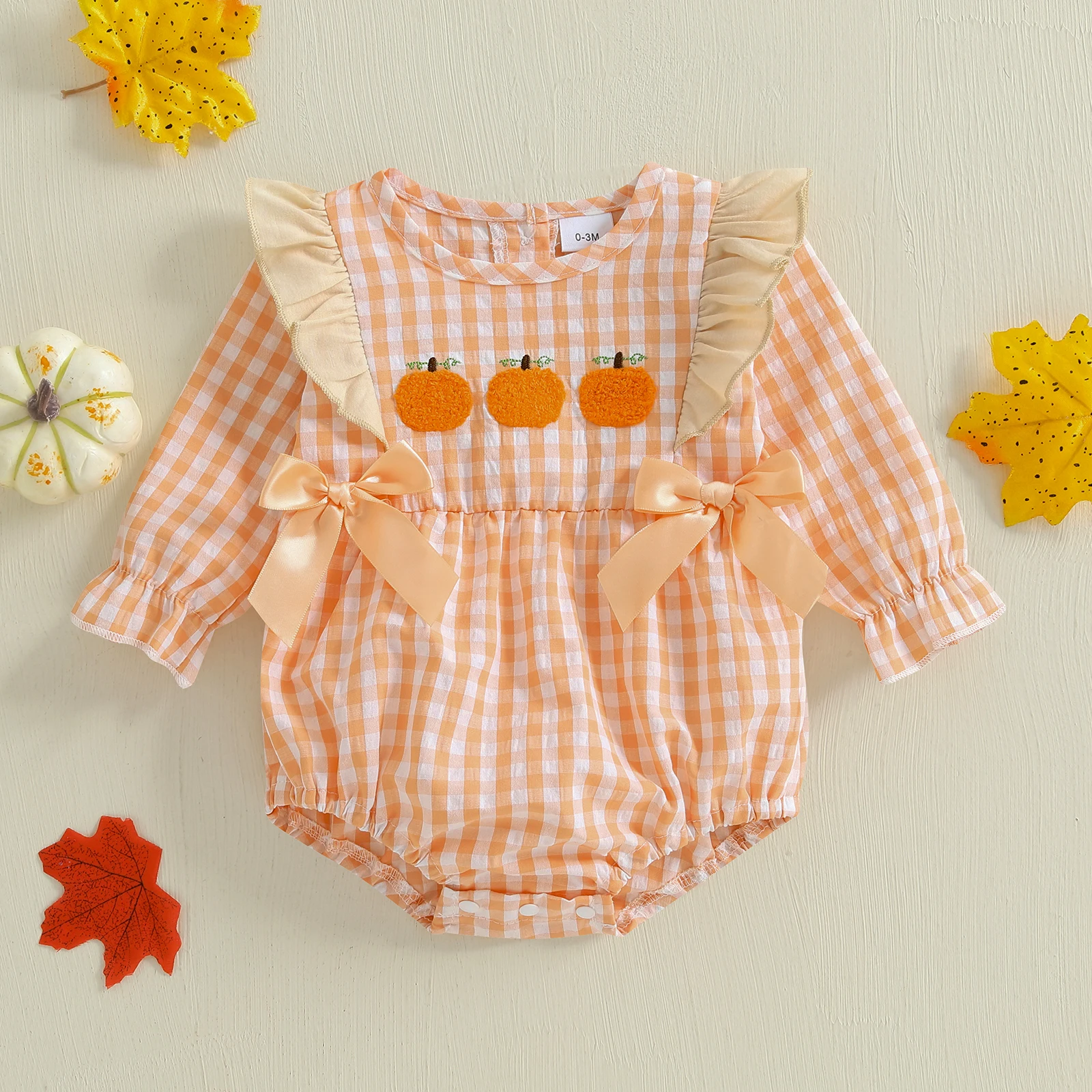 

VISgogo 0-18 Months Baby Girls Halloween Plaid Romper Pumpkin Embroidery Long Sleeve Round Neck Bow Jumpsuit