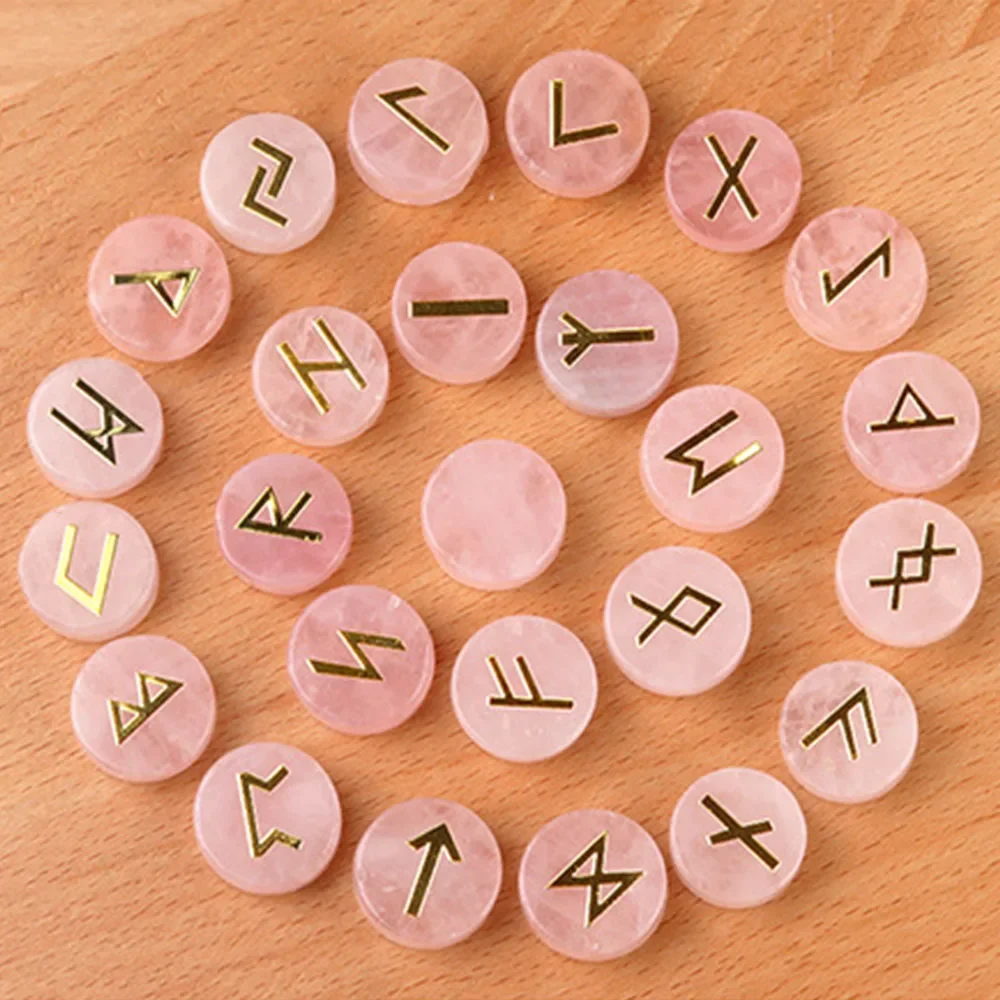 

Natural Rose Quartz Rune Stone with Elder Futhark Alphabet Engraved Symbol 25pcs Set Feng Shui Reiki Healing Crystals Balancing