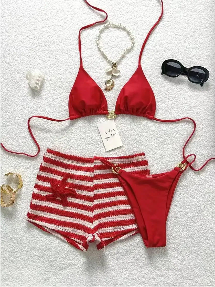 Women Stripe Crochet Short 3 Piece Bikini Set Starfish Knit Halter String Triangle Side Tie Bathing Suits Beach Swimwear 2026