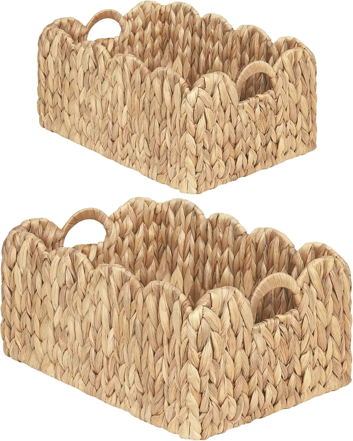 

Set of Two Handwoven Water Hyacinth Storage Baskets with Handles for Organizing Shelves Nursery Decor