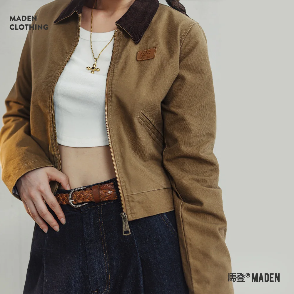 

Maden Khaki Detroit Jackets for Women Vintage Turn-down Collar Workwear Jacket Spring and Autumn Canvas Coat Slim Fit