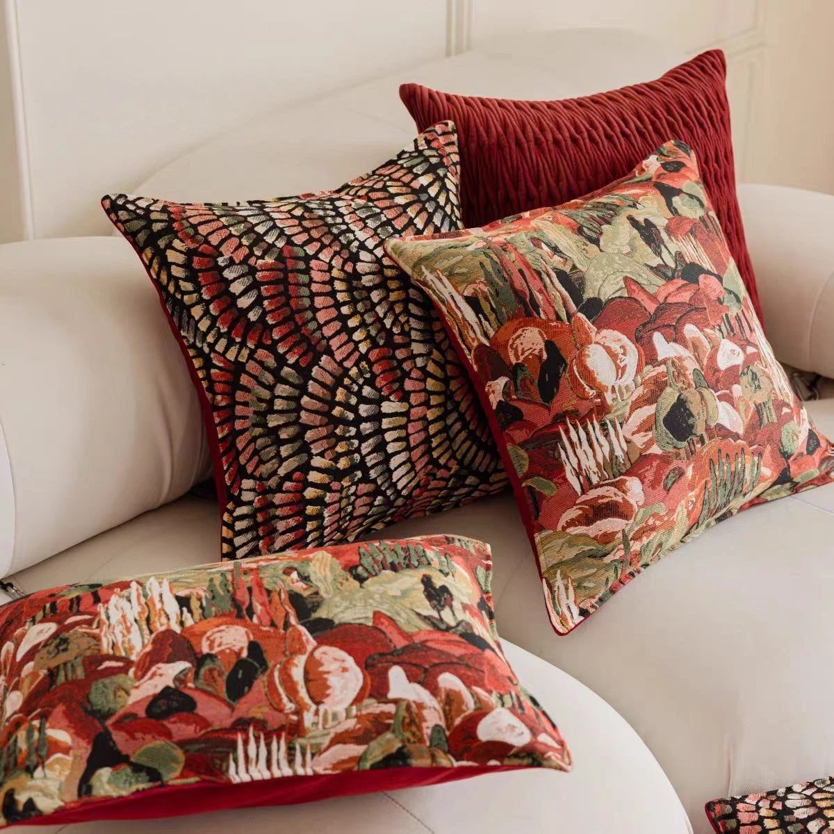 French LuxJacquard Cushion Cover Modern Tropical Forests Pillow Cover Decorative Texture Wine Red Home Decor Sofa Pillowcase