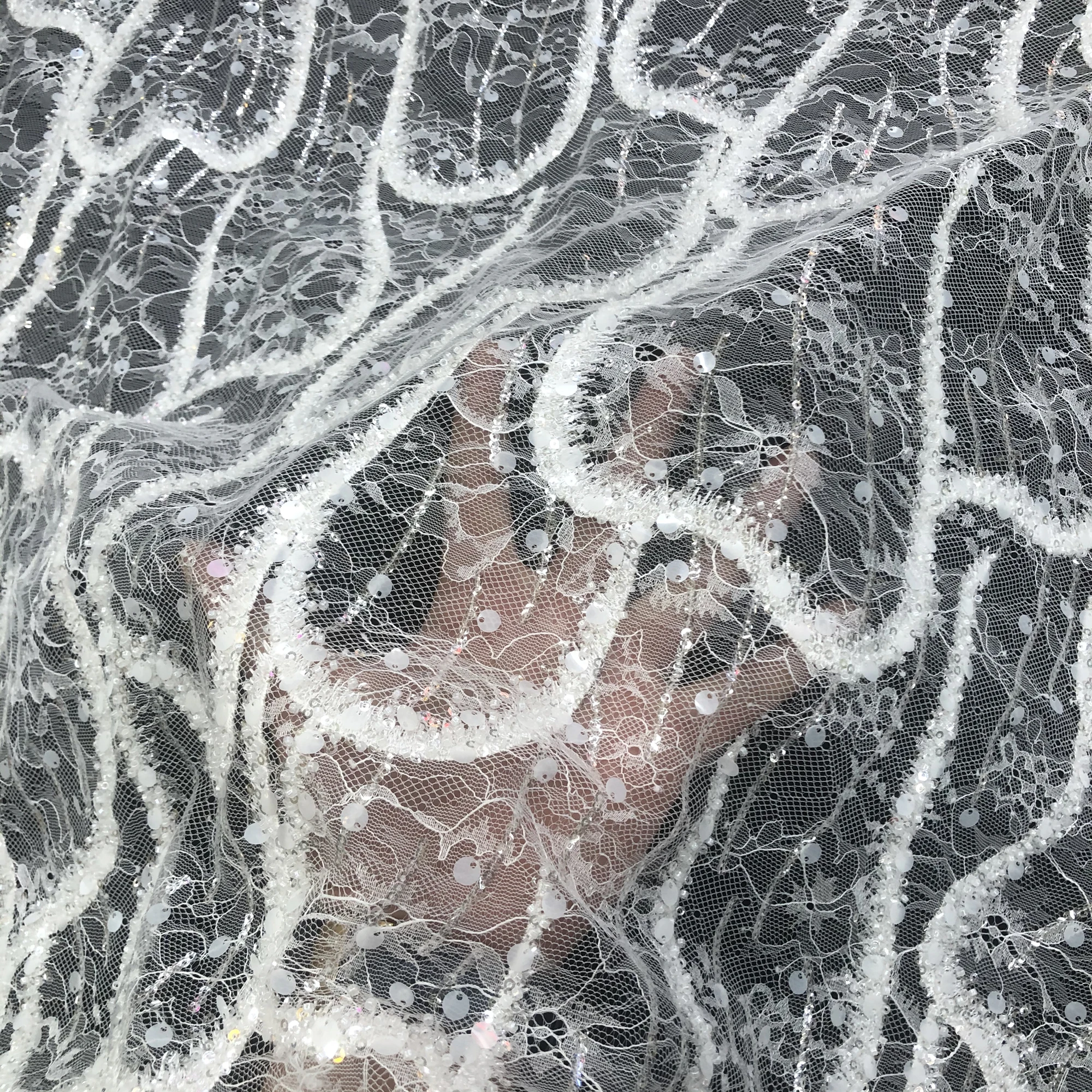 Delicate Wave Pattern Rayon Sequins Beads French Lace Embroidery, Custom Wedding Evening Dress Lace Fabric