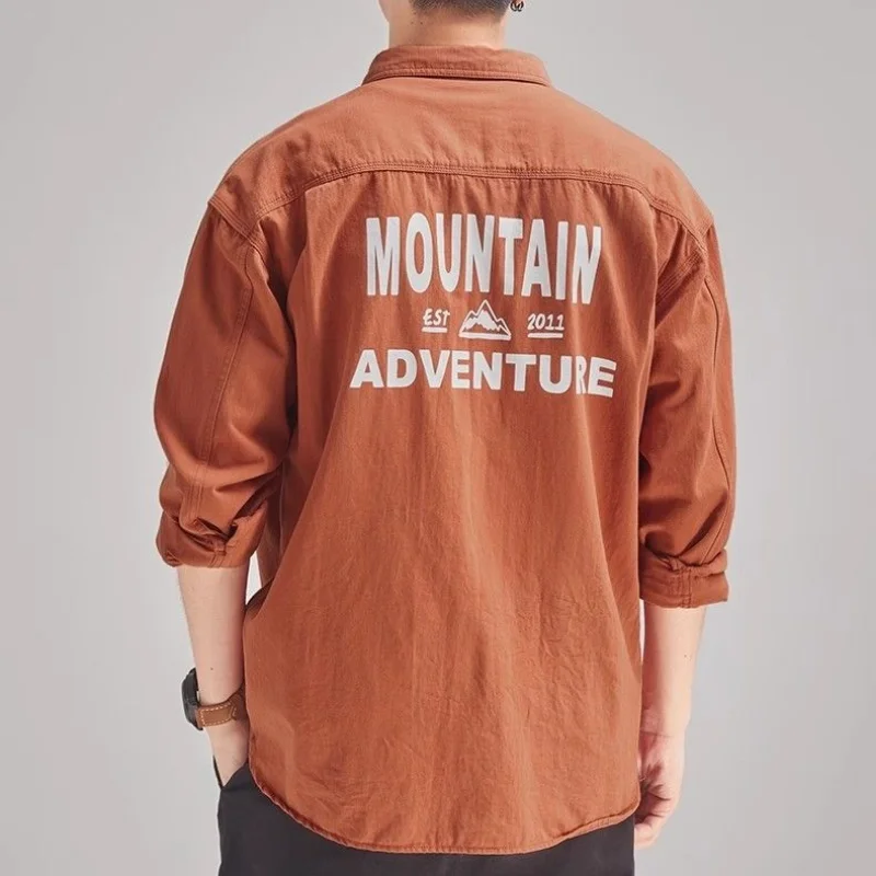 Men Clothing Spring Autumn Trendy Japanese Style Vintage Workwear Shirt Male Casual Letter Print Pockets Long Sleeve Loose Tops