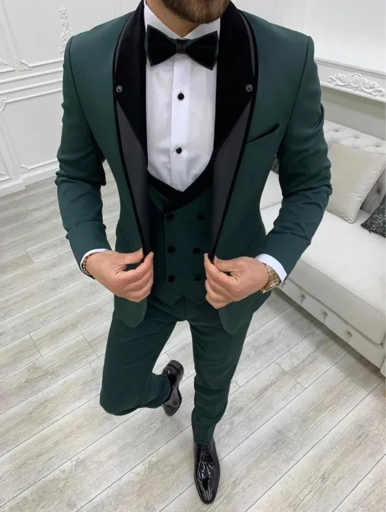 Green/Khaki Men's 3 Pieces Set Suits Groom Formal Wedding Tuxedos Blazer Classic Fit Groomsmens Wear Prom Dress Jacket+Vest+Pant