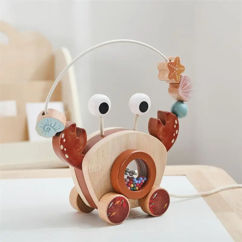 Educational Toys Newborn Baby Early Education Multi-functional Wooden Crab Drag Bead Rope Cart Children's Hands-on Brain Toys