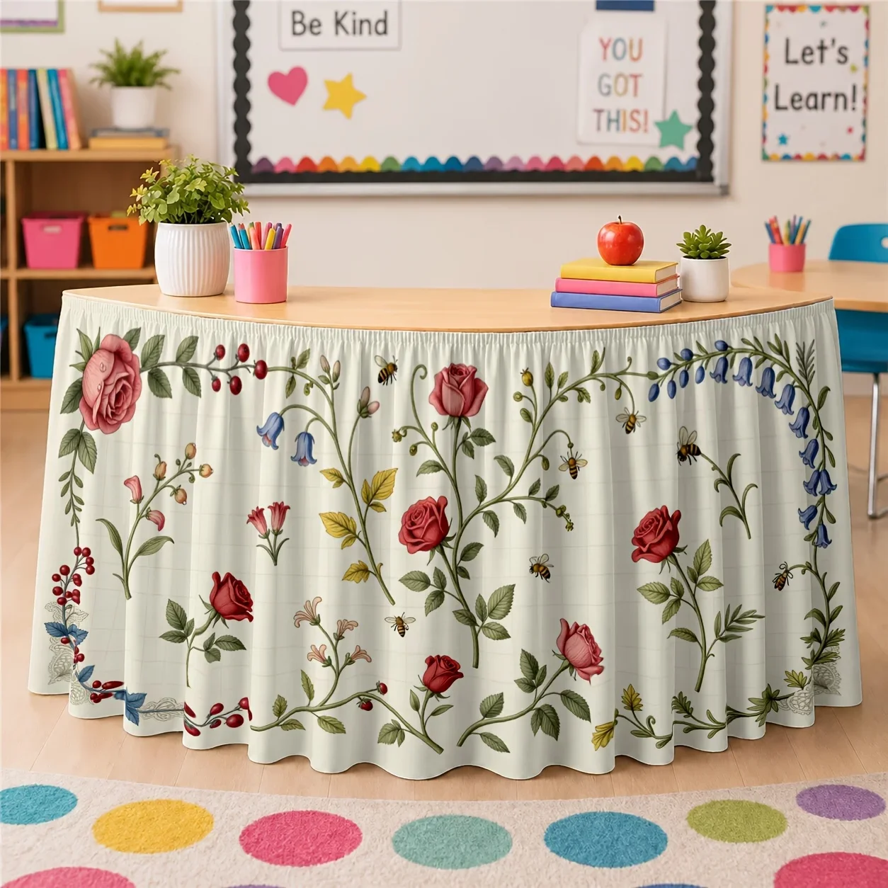 One table skirt with floral vine pattern. Table skirt made of polyester, featuring retro plants and elegance.xzj