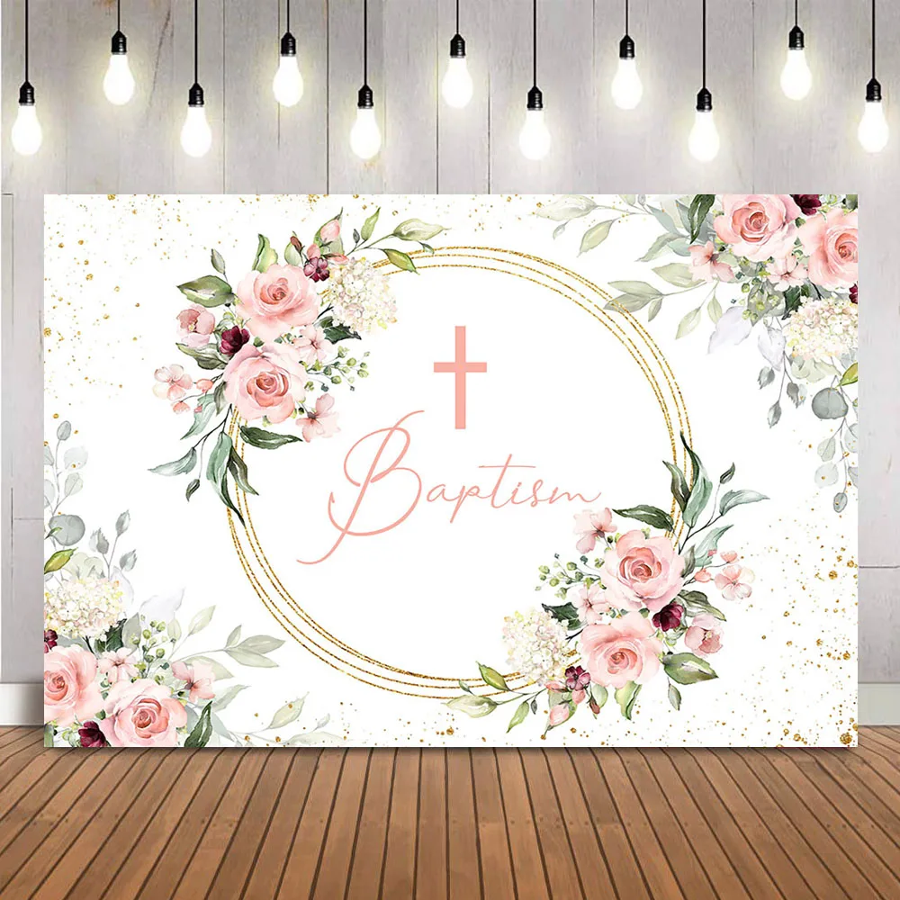 

Baptism Baby Shower Backdrop for Girls God Bless Photo Background Pink Flowers Gold Glitter Shining Dots Photocall Backdrops