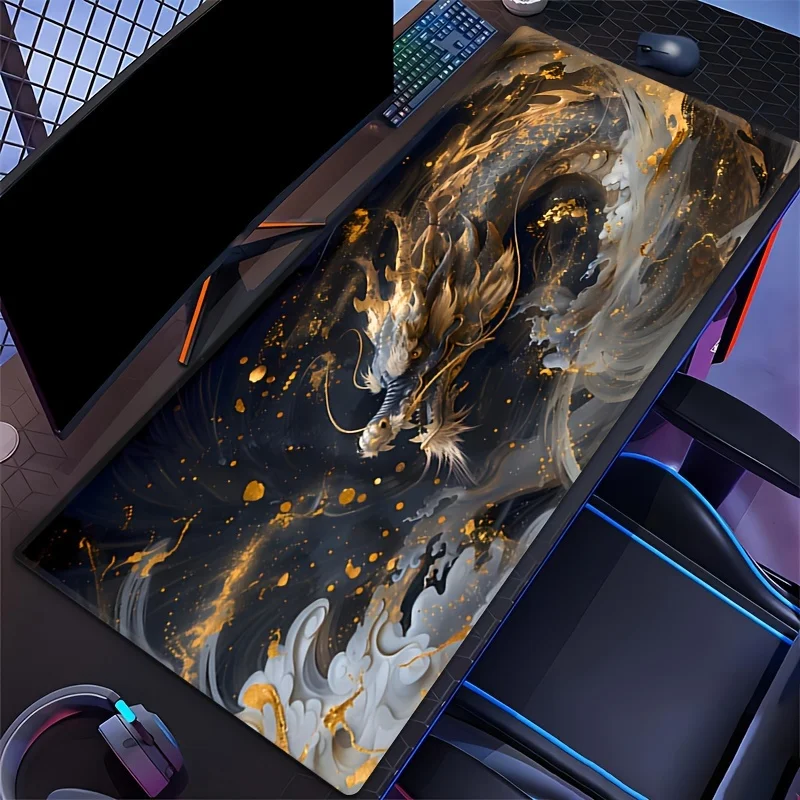 لوحة ماوس ألعاب ممتدة مع تنين أسود مهيب، قاعدة مطاطية غير قابلة للانزلاق بحواف مخيطة لديكور المنزل والمكتب والكمبيوتر الشخصي #5