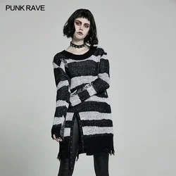 PUNK RAVE maglione Pullover a maniche lunghe quotidiano gotico da donna personalità top in maglia di media lunghezza usurati a righe irregolari