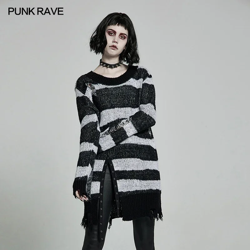 PUNK RAVE Women's Gothic Daily Long Sleeve Pullover Sweater Personality Irregular Striped Worn-out Mid-length Knit Tops