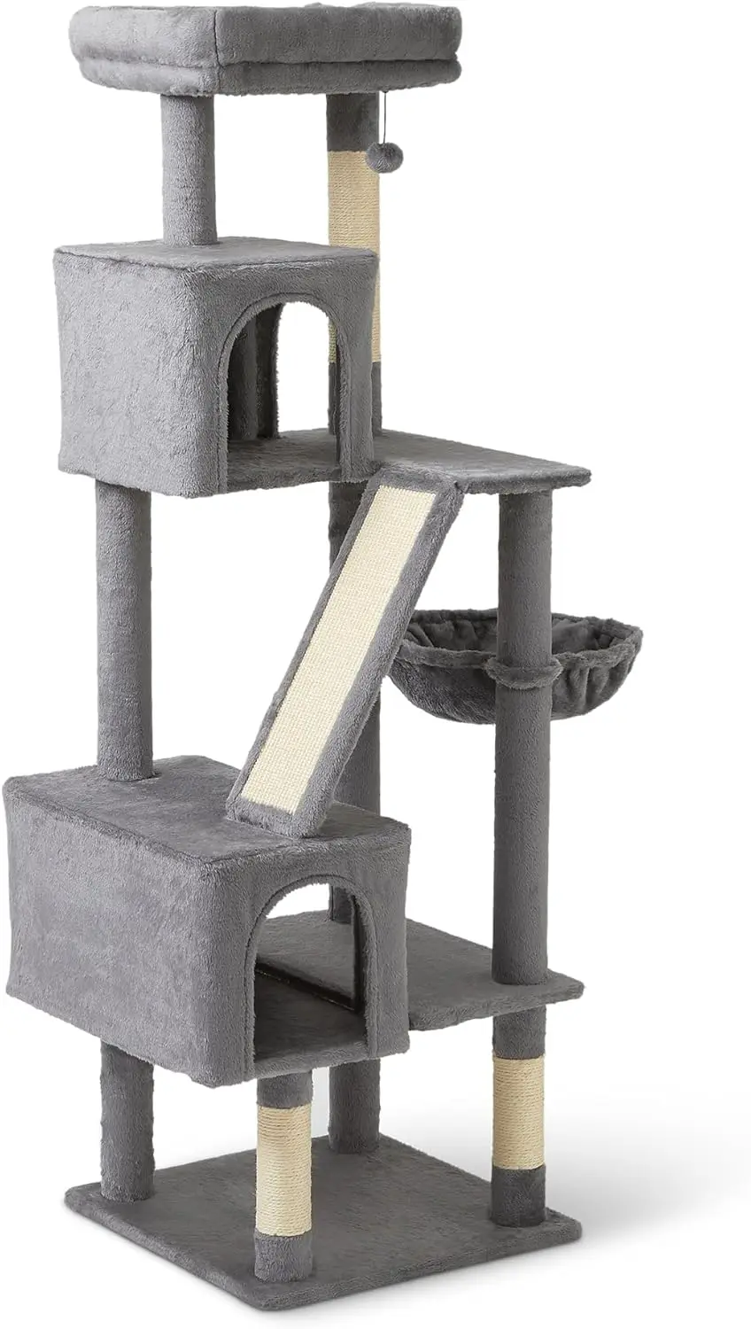 

Multi-Level Cat Tower with Scratching Post, Cozy Hammock & Perches for Adult Cats, Interactive Dangling Ball, Grey