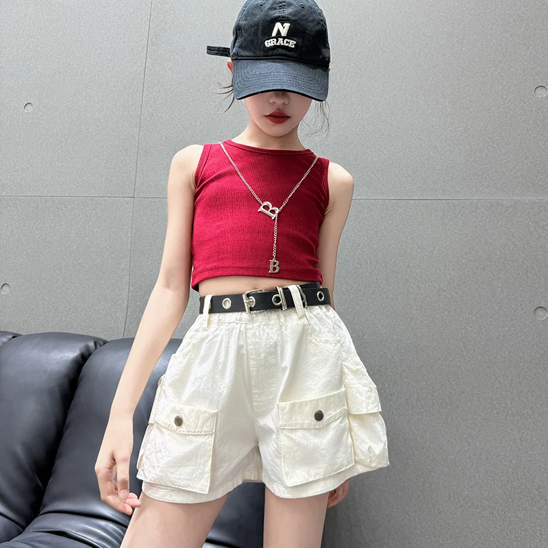 New Baby Girls Shorts Kids Cargo Short Pants Tween Girl Cotton Trousers Kid Shorts With Belt Toddler Cool Bottom Ages 4-14Y  123