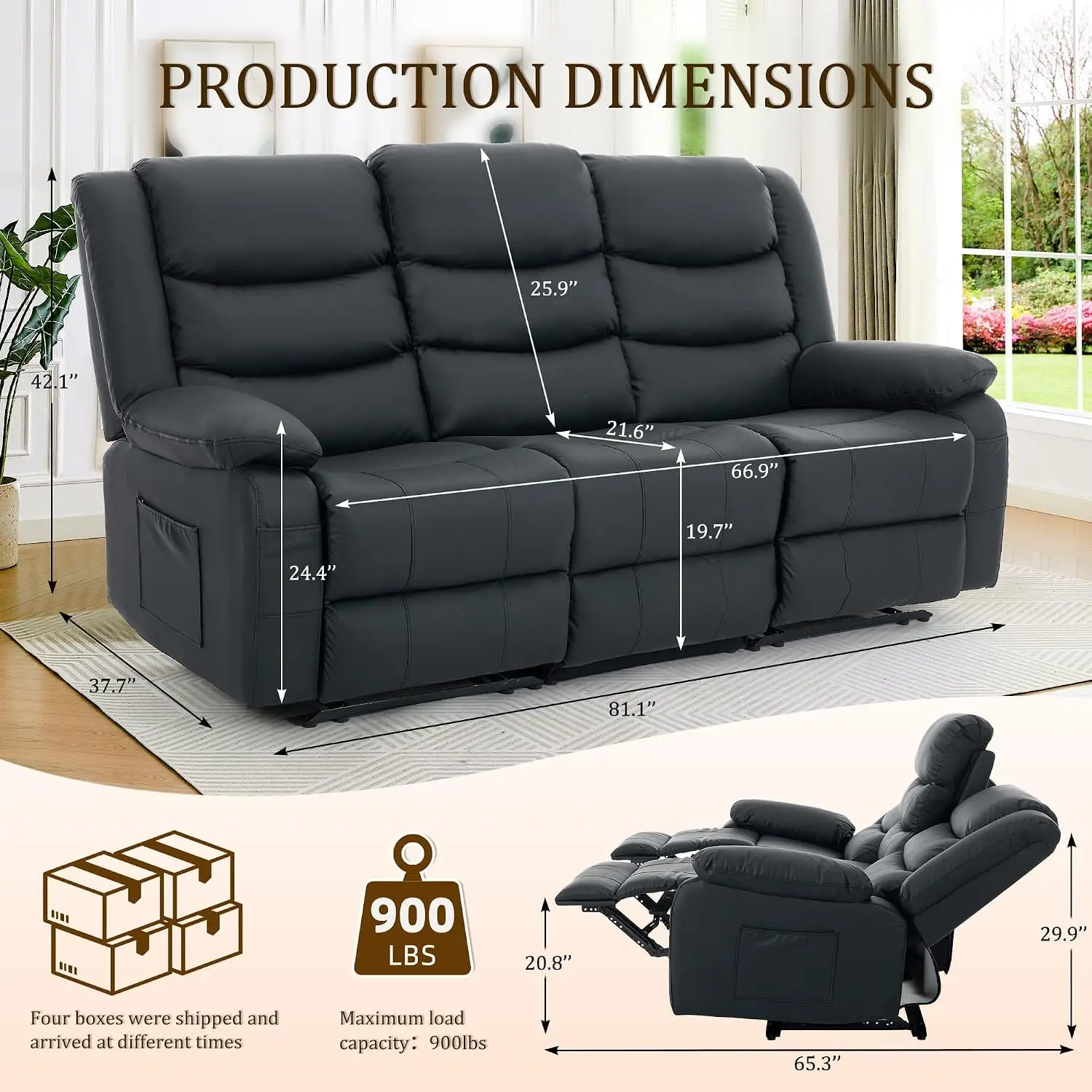 Oversized Reclining Sofa Loveseat with Drop Down Console Table Cup Holder & Recessed Power Strip 3-Seater Black, Customized