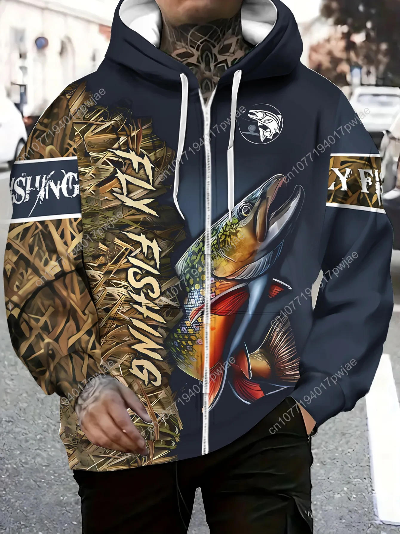 [Mapie temático de pesca] Moletom masculino de poliéster durável com tema de pesca – Azul marinho com estampa de peixe vibrante, leve e confortável