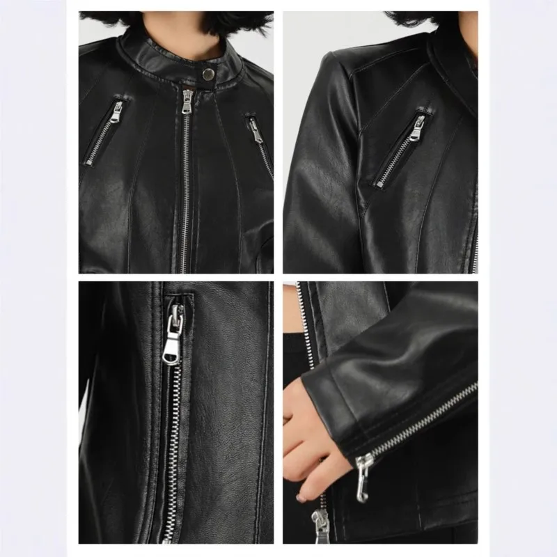 Fashionable stand up collar zipper long sleeved slim fit solid leather jacket for spring/autumn women's temperament elegant coat