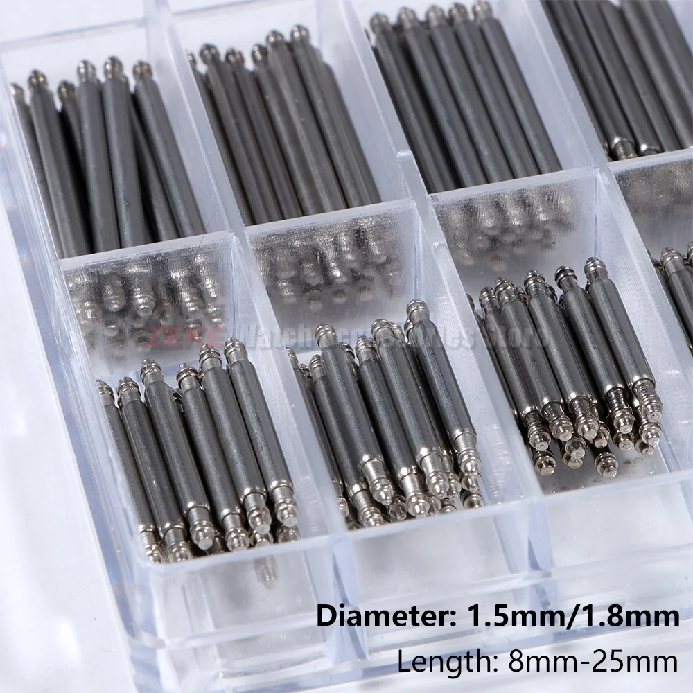 360 Stück/Set Metall-Verbindungsstifte für Uhrenreparatur, Durchmesser 1,8mm/1,5mm, Edelstahl-Federstege, Länge 8mm-25mm, Uhrenarmband-Stifte