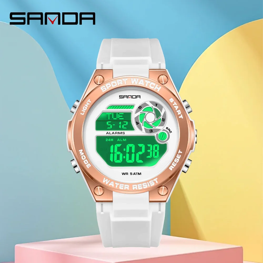 SANDA 9098 Digital Watch Women's Macaron Sport Chronograph Calendar Lady Quartz Wristwatch 50m Waterproof LED Electronic Clock ﻿
