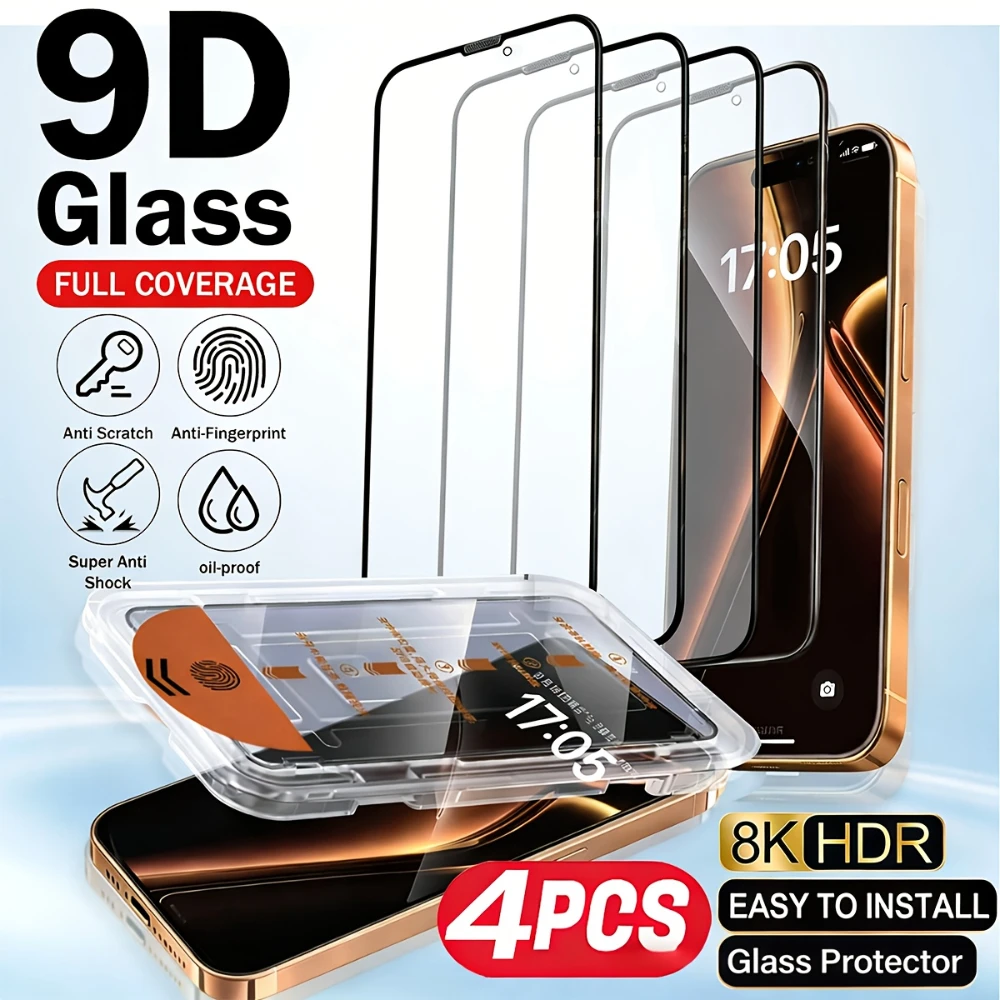 

NNBILI 4 шт. высококачественных защитных стекол для экрана iPhone 17, 16, 15, 14, 13, 12, 11 Pro Max, 17E, 16E с инструментами для установки