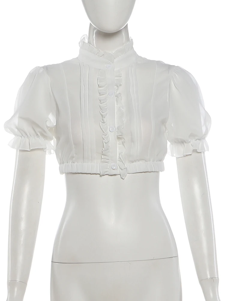Nibber Chic T-Shirt für Damen, einreihig, durchsichtig, Falten, Puffärmel, Liniendekoration, süße Sommermode, tägliche Streetwear – Detail 4