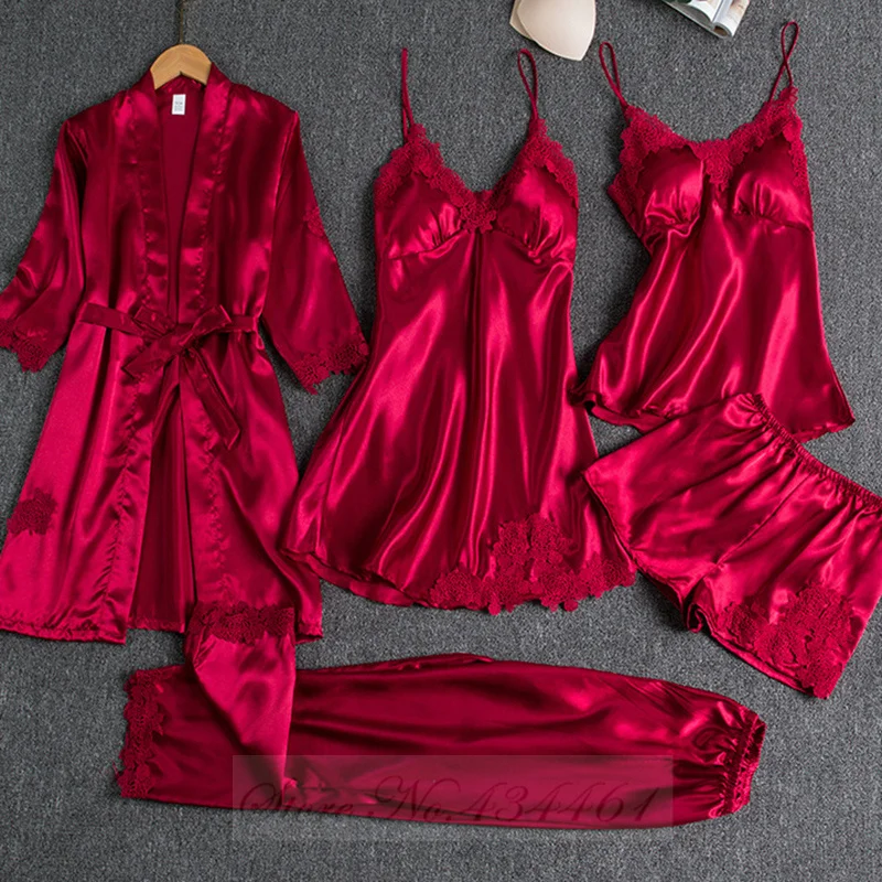 

Female 5PCS Pajamas Set Spring Summer Silk Satin Sleepwear Pyjama Pour Femme Sleepwear Sexy Loose Lace Lounge Wear Pijamas Suit