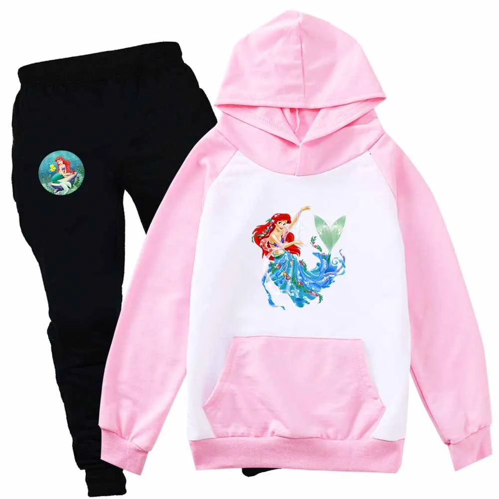 Disney The Little Mermaid Princess Girls Casual Thin Hoodies Black Pants Kids Sportswear Suits Children Outerwear Clothing Sets