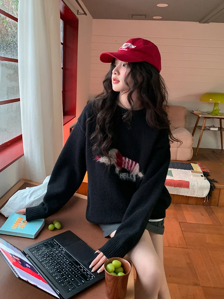 

Утепленный вязаный свитер с принтом собачьей головы для женщин, темно-синий, весенняя новинка, в стиле Lazy Fashion, смешанный бренд, для повседневной носки, с длинными рукавами, круглый вырез горловины.