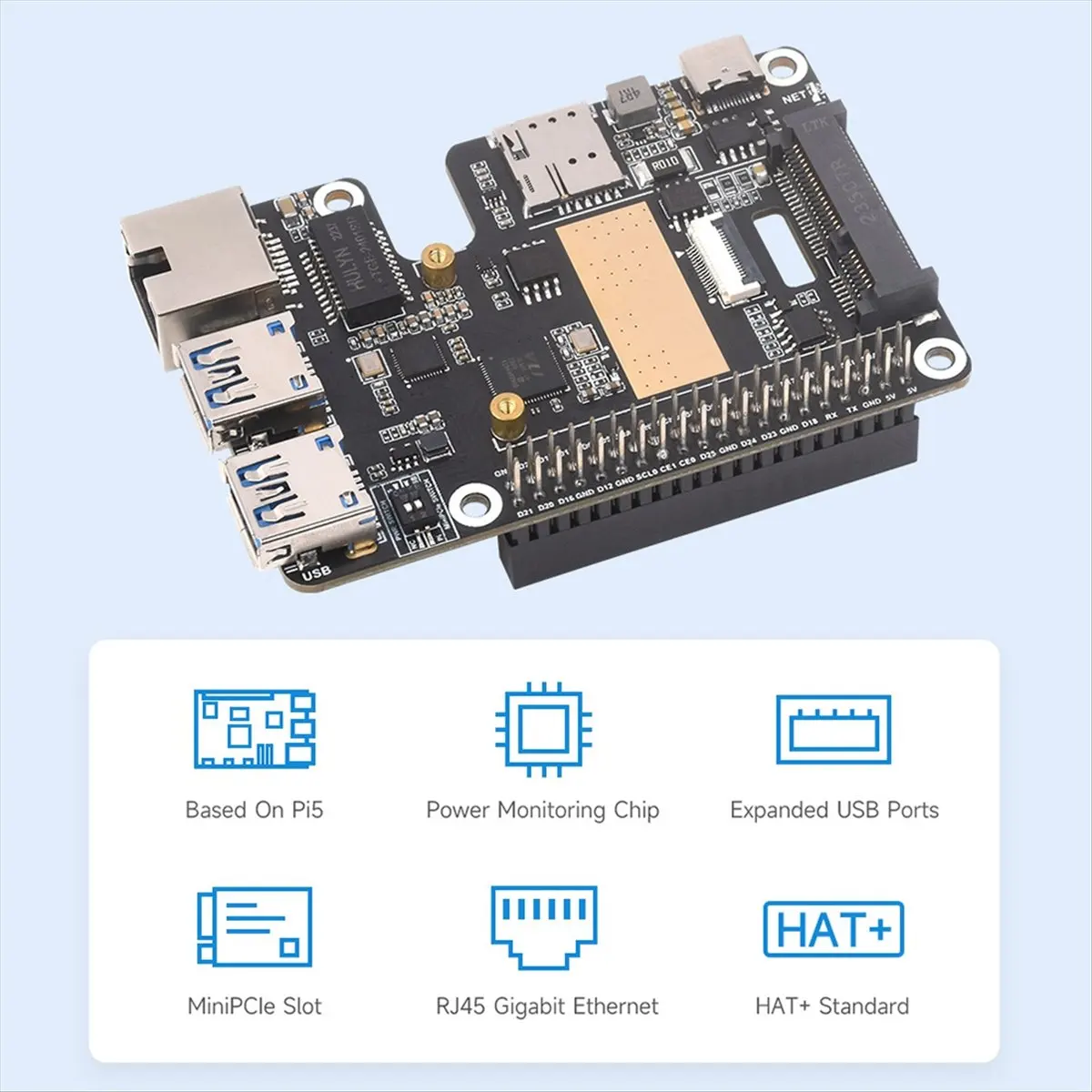 ABGZ For 5 PCle to MiniPCle GbE USB3.2 HAT+ Gigabit Ethernet Supports MiniPCIe Interface 4G Module