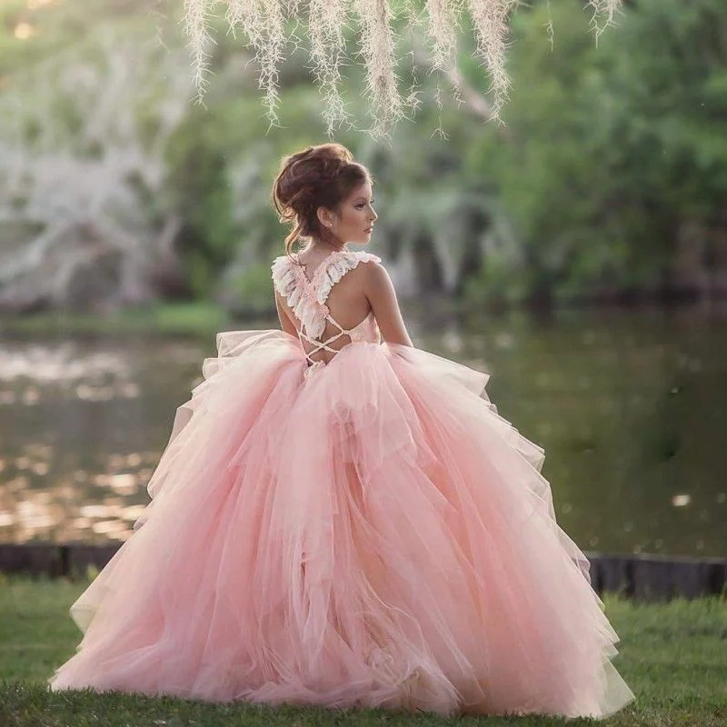 

Pink Puffy Flower Girl Dresses for Wedding Layered Tulle Lace appliques Kids Pageant Party Birthday Gown for girls