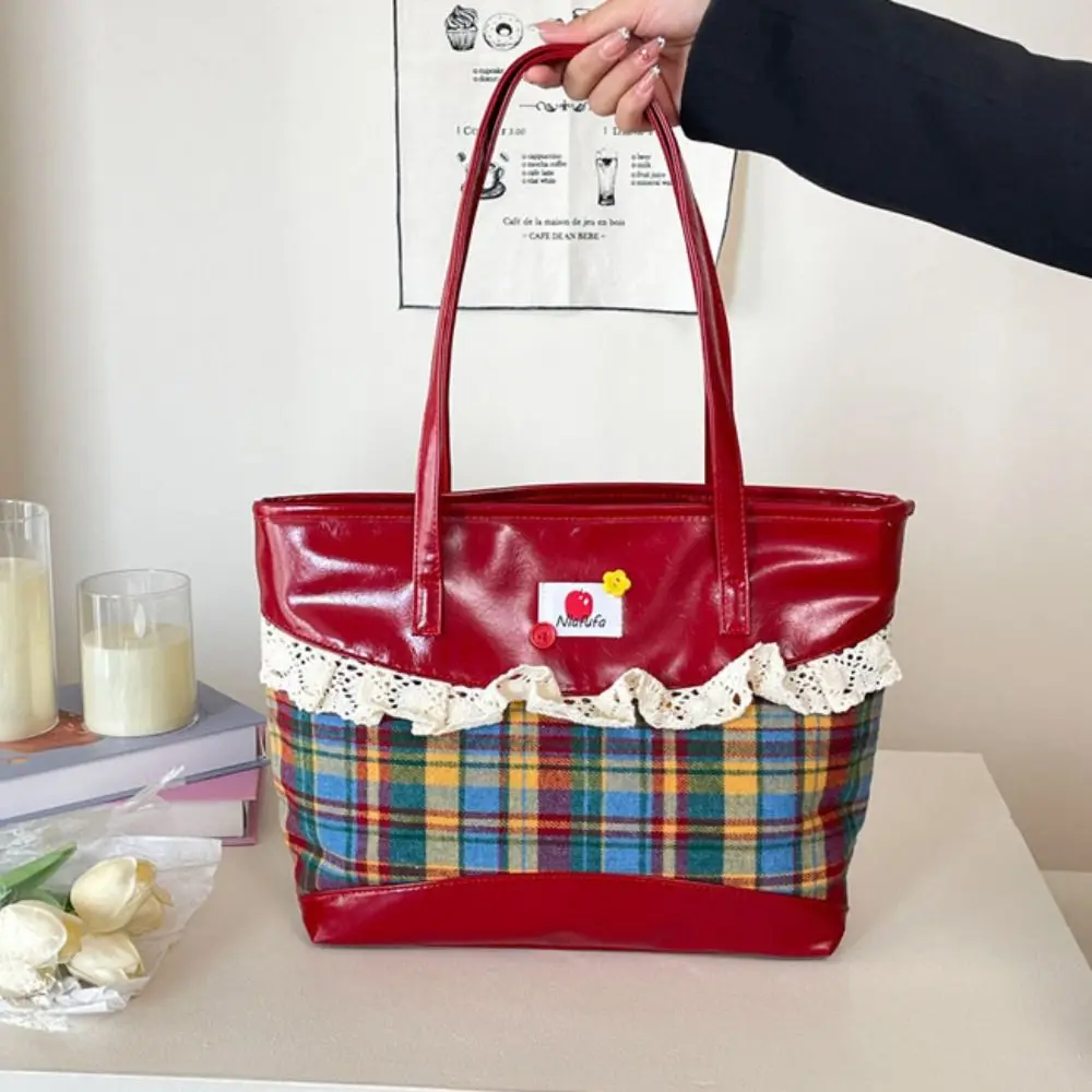 

Portable Lattice Lace Bow Shoulder Bag Rural Style Lovely Denim Plaid Handbag Vintage Leisure Commuting Tote Bag Outdoor