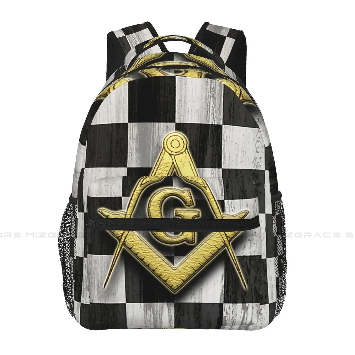 Large Capacity Casual School Bag Checkers Travel Laptop Backpacks Freemason Gold Square Compass Soft Rucksack for Teenager