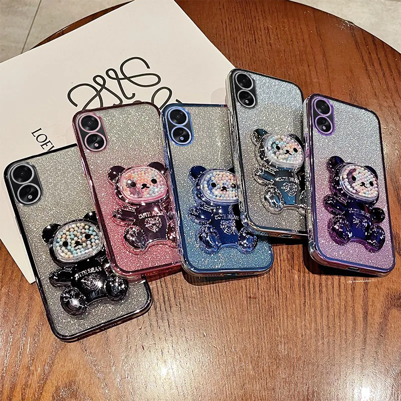 For OPPO A18 Case Soft Silicone Bling Shockproof Electroplated TPU Cell Phone Casing For CPH2591 Back Cover Cute Bear Stand image 2