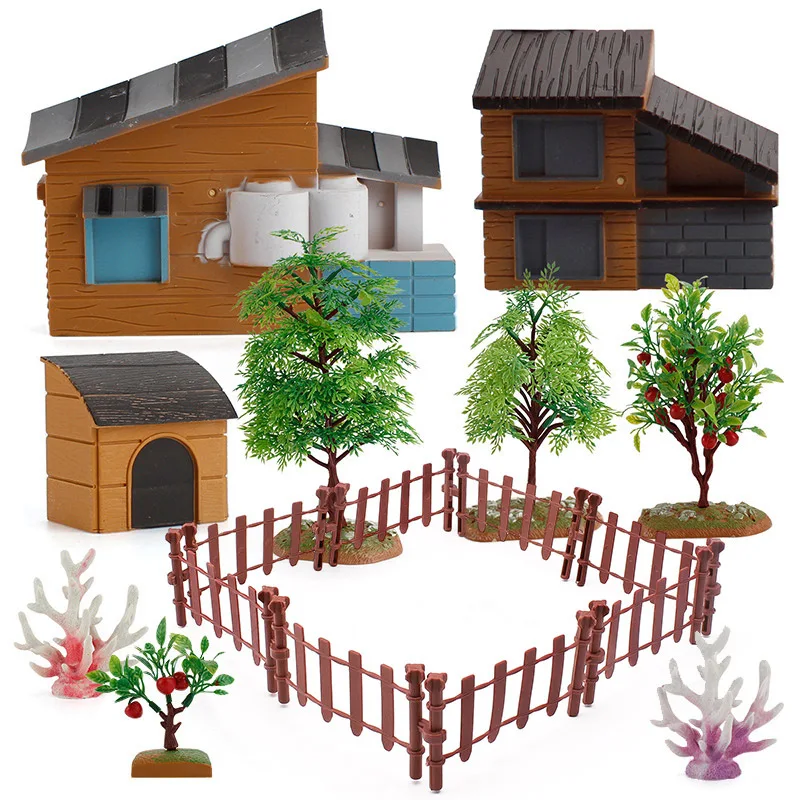 1set Mini Farm Scene Model Kit Decoration Set Miniature House Trees Grass Fence Pasture Decorations Micro Landscape Sand Table
