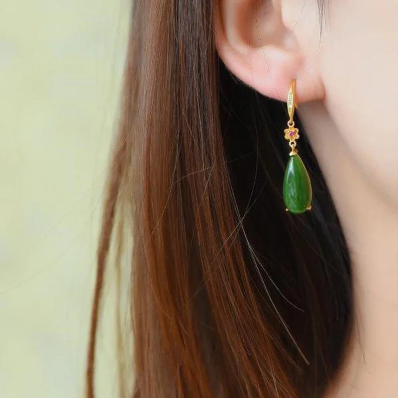 Designer original new flower inlaid drop-shaped Hetian jade earrings classical Chinese style ladies  jewelry