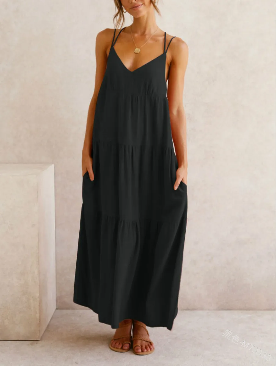 

Summer Maxi Long Dress Women Sexy Sleeveless 2024 Summer Bohemian Spaghetti Strap V Neck Fashion Loose Ruffles Vestidos Dresses