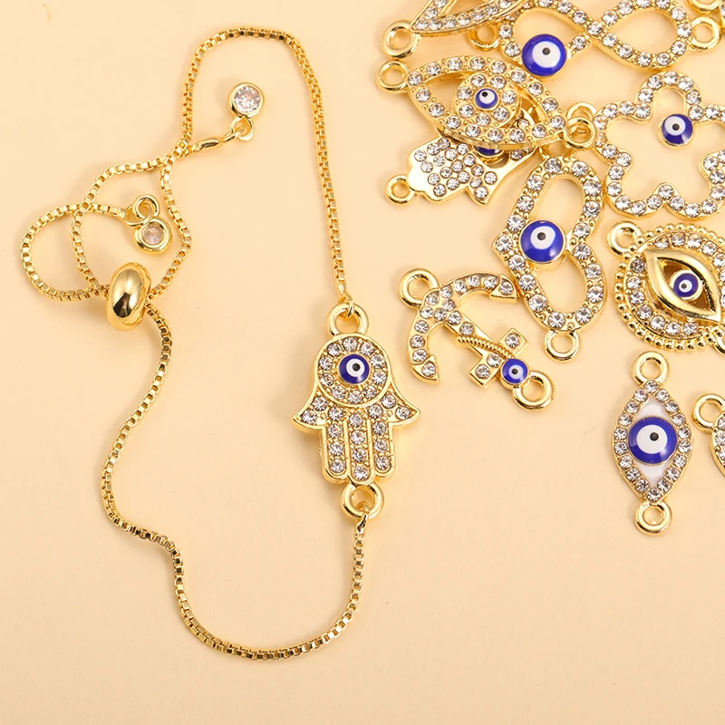 10Pcs Mix Crystal Turkish Blue Evil Eye Charms Gold Plated Zircon Pendants Connector For Necklace Bracelet DIY Jewelry Accessori