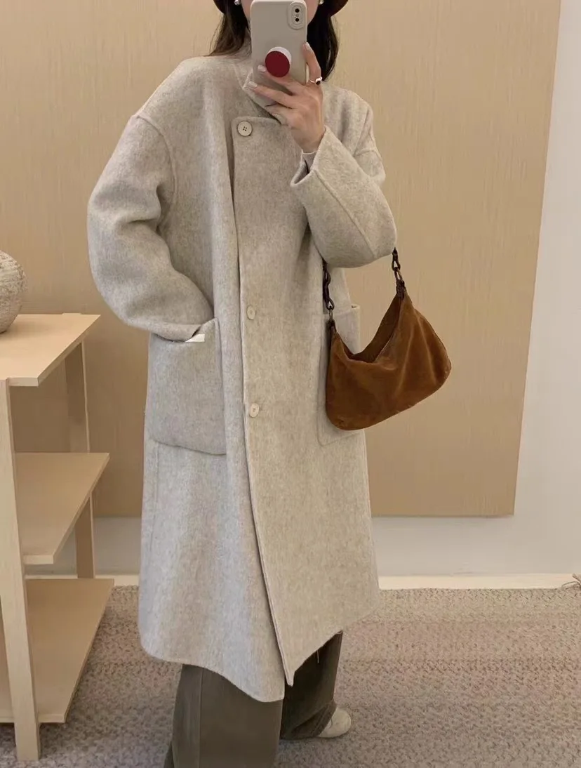 Reversible Cashmere Coat for Women, Long Below the Knee, Monochrome Wool Outwear, Large Size, New Fashion, Autumn Winter, 2024