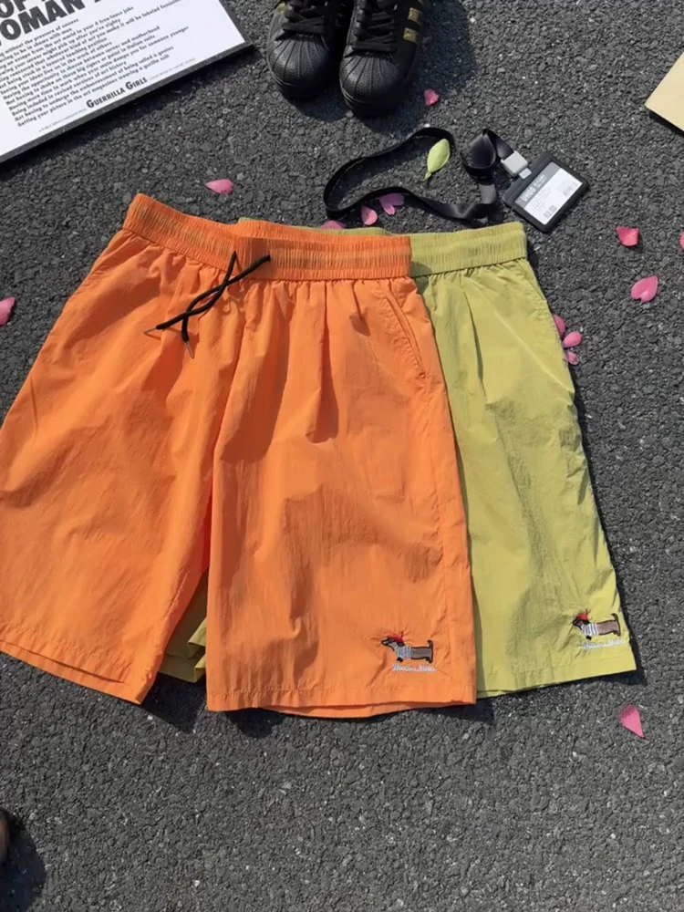 

Summer Dopane Sport orts Men's Thin Ice Silk Qui Dry Pants Sausage Dog Embroidery Casual Five-Quarter Length