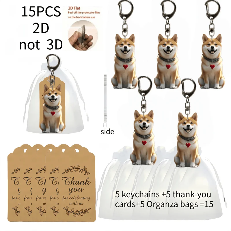 5sets Adorable Shiba Inu Keychain Including Acrylic Pendants & Thank You Cards & Gift Organza Bags Excellent Gift for Loved Ones