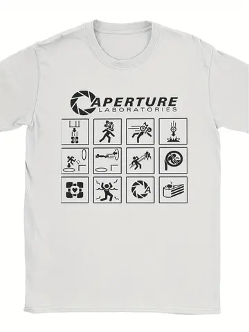 T-shirt à motifs pour homme Portal 2 Aperture Science Laboratories, blanc avec icônes scientifiques noires, vêtements officiels de jeu vidéo